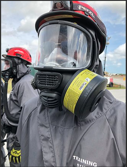 person wearing full face respirator
