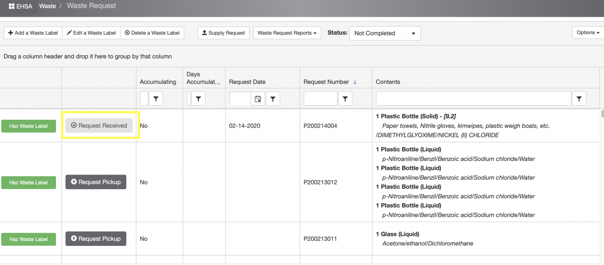 Your request is submitted, your Waste Container should have "Request Received" status (blue icon, second left column)